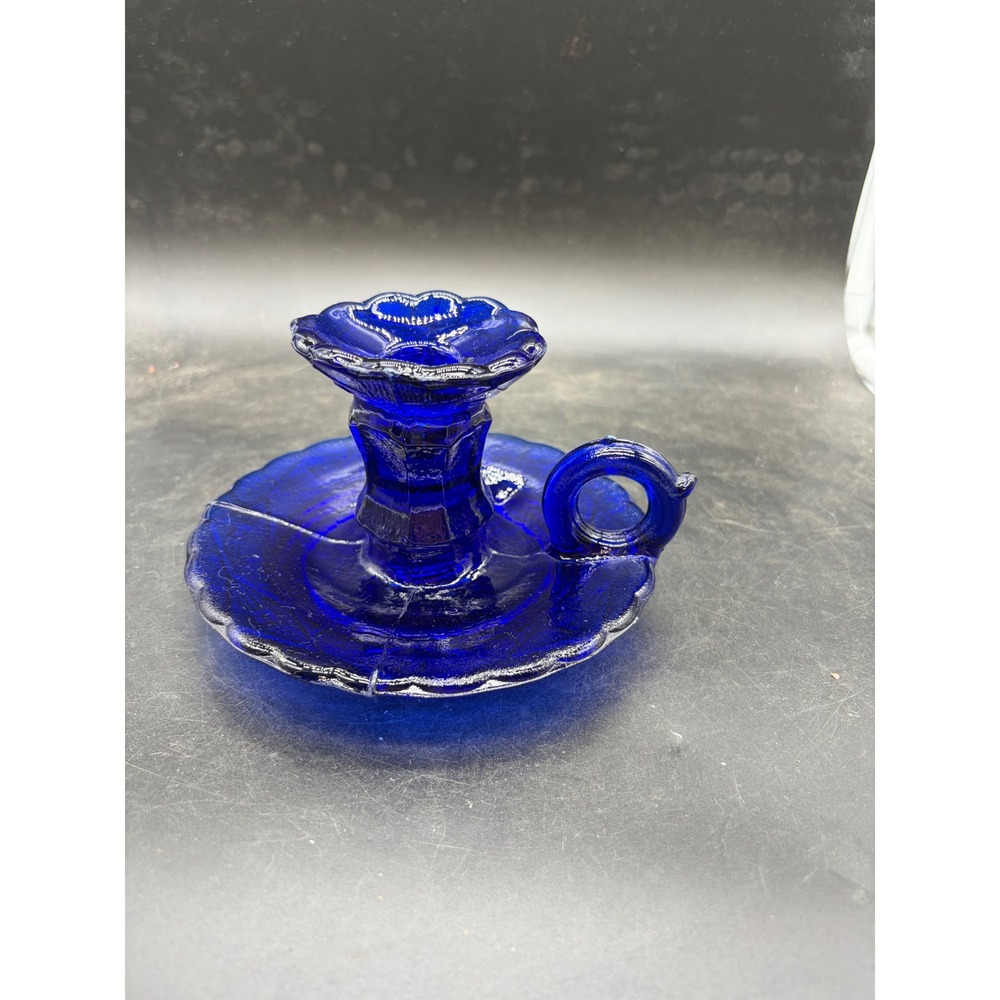 Vintage Cobalt Blue Glass Chamberstick Candle Holder Scalloped Finger Loop 3.5in